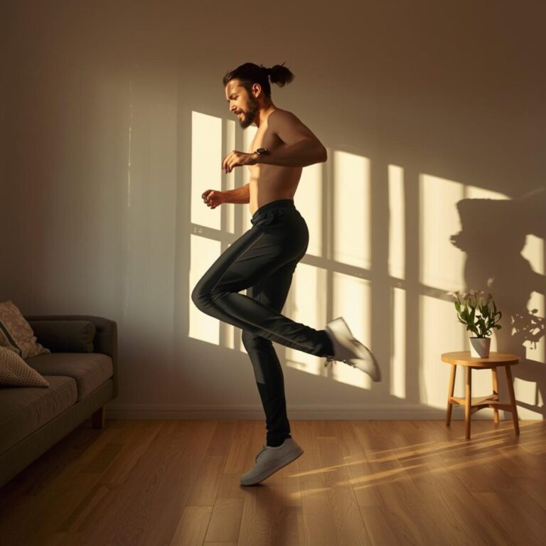 A person doing jumping jacks in a bright living room morning light energetic vibe 1024×1024